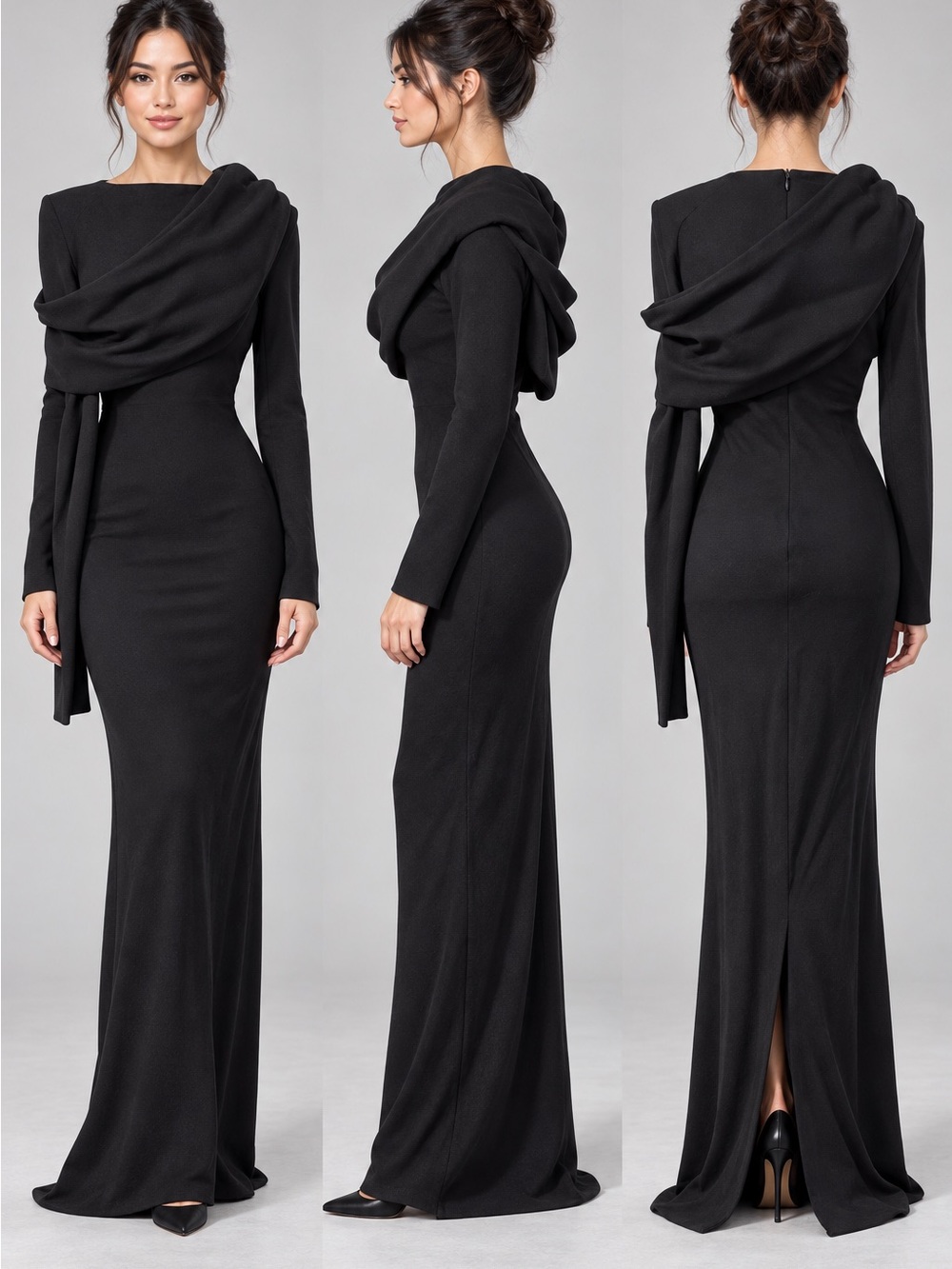 Gianfranco Ferre Black Long Sleeve Draped Maxi Dress